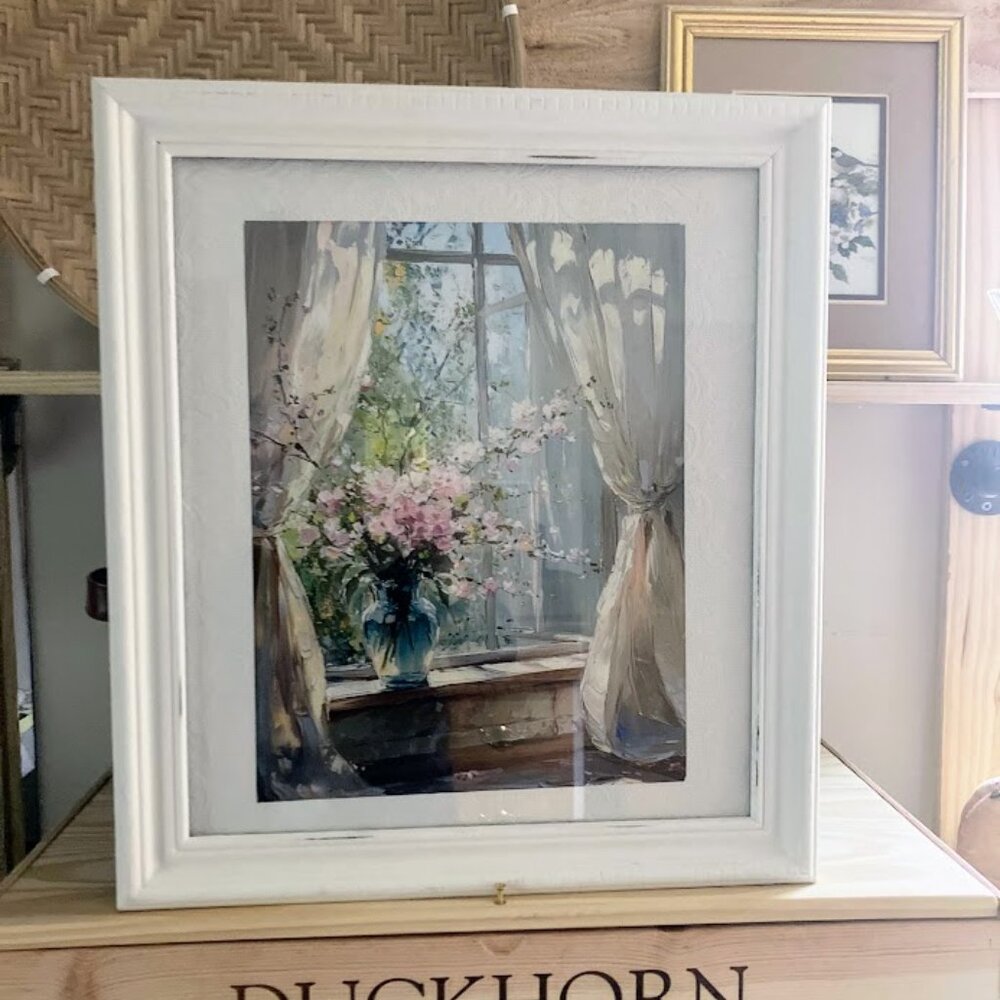 Spring Romantic Bedroom Scene Flowers & Curtain Whimsical 15x18" Framed